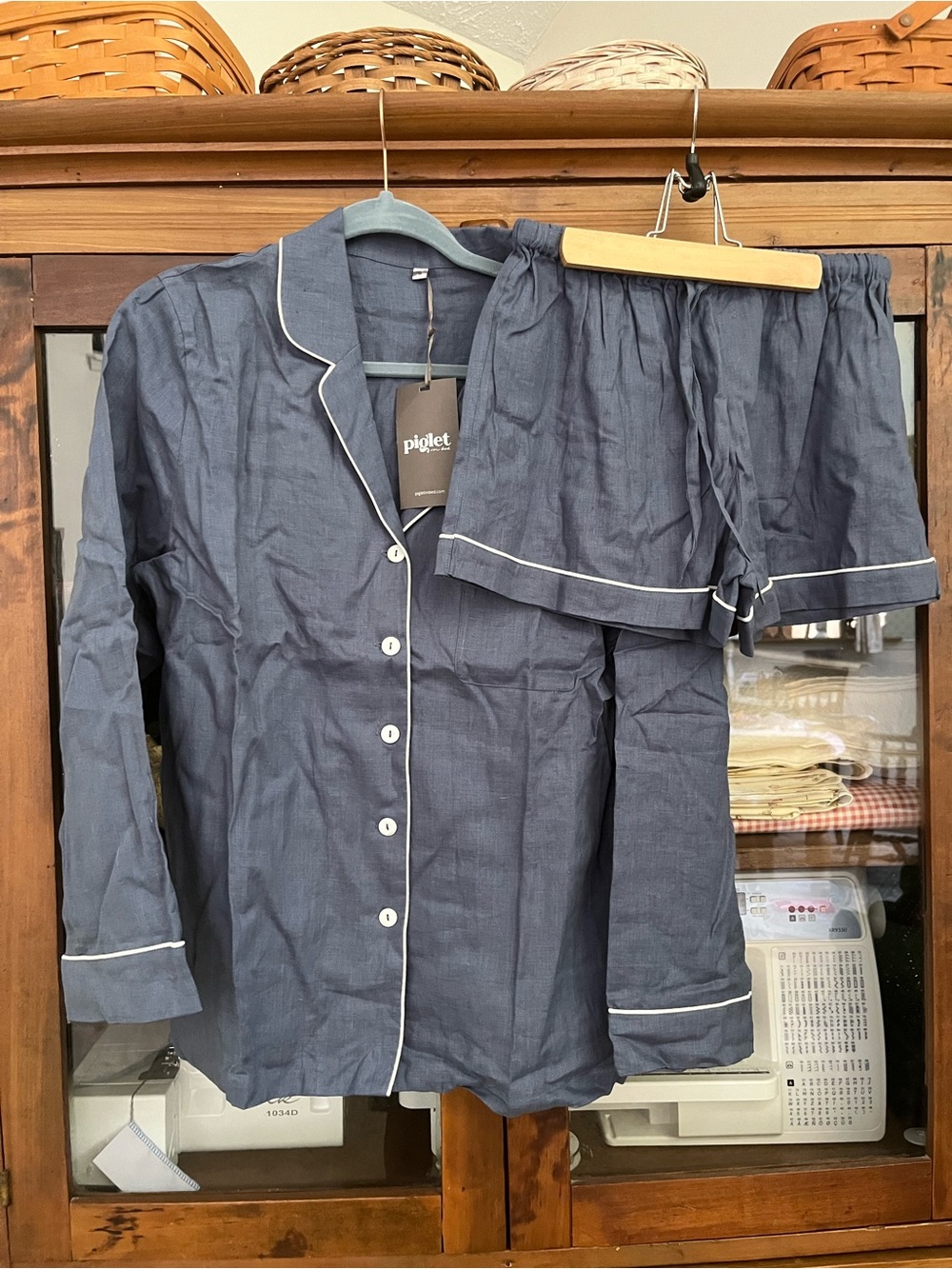 Piglet Navy Blue Cotton Pajama Set with White Piping